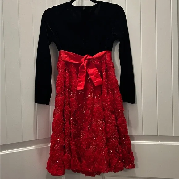 Bonnie Jean Dress Black Velvet Upper Red 3D Flowers Sequin Accents Size 16 - Picture 4 of 10